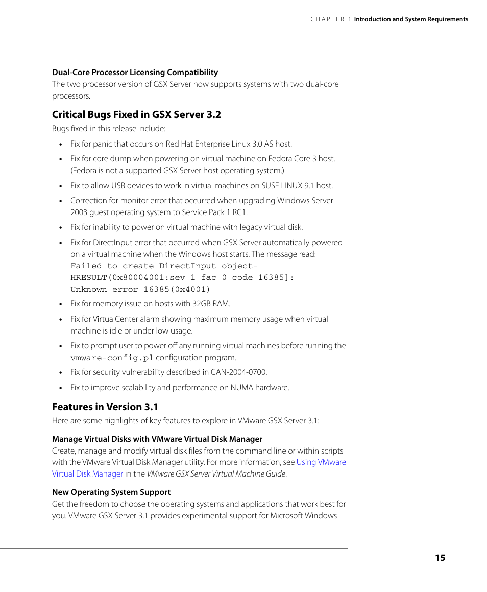 Critical bugs fixed in gsx server 3.2, Features in version 3.1 | VMware GSX 3 User Manual | Page 15 / 240