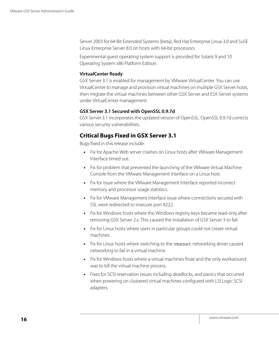 Critical bugs fixed in gsx server 3.1 | VMware GSX 3 User Manual | Page 16 / 240