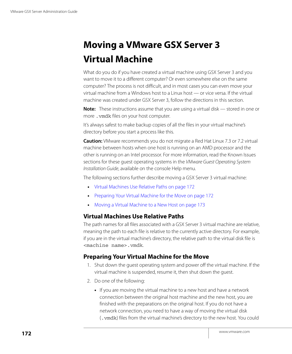 Moving a vmware gsx server 3 virtual machine, Virtual machines use relative paths, Preparing your virtual machine for the move | VMware GSX 3 User Manual | Page 172 / 240