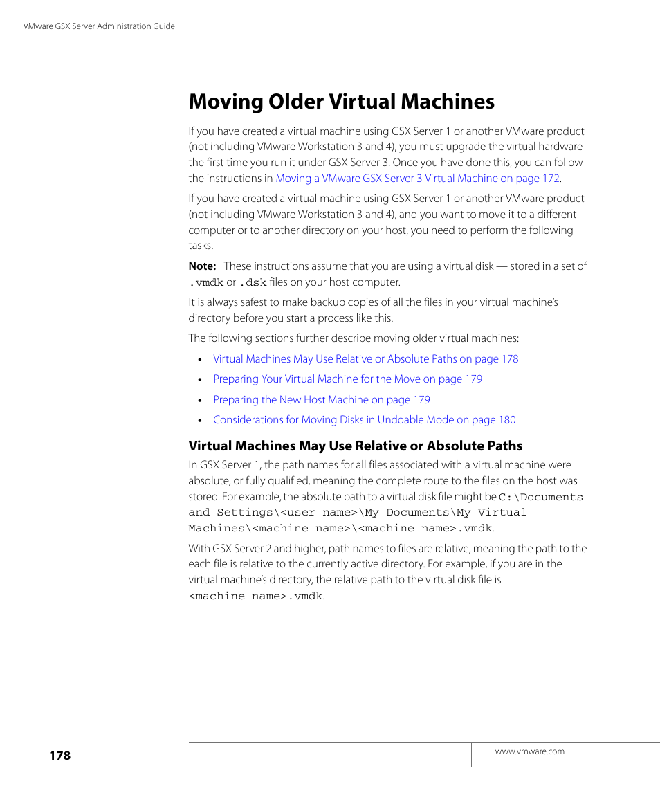 Moving older virtual machines, Moving older virtual machines on | VMware GSX 3 User Manual | Page 178 / 240