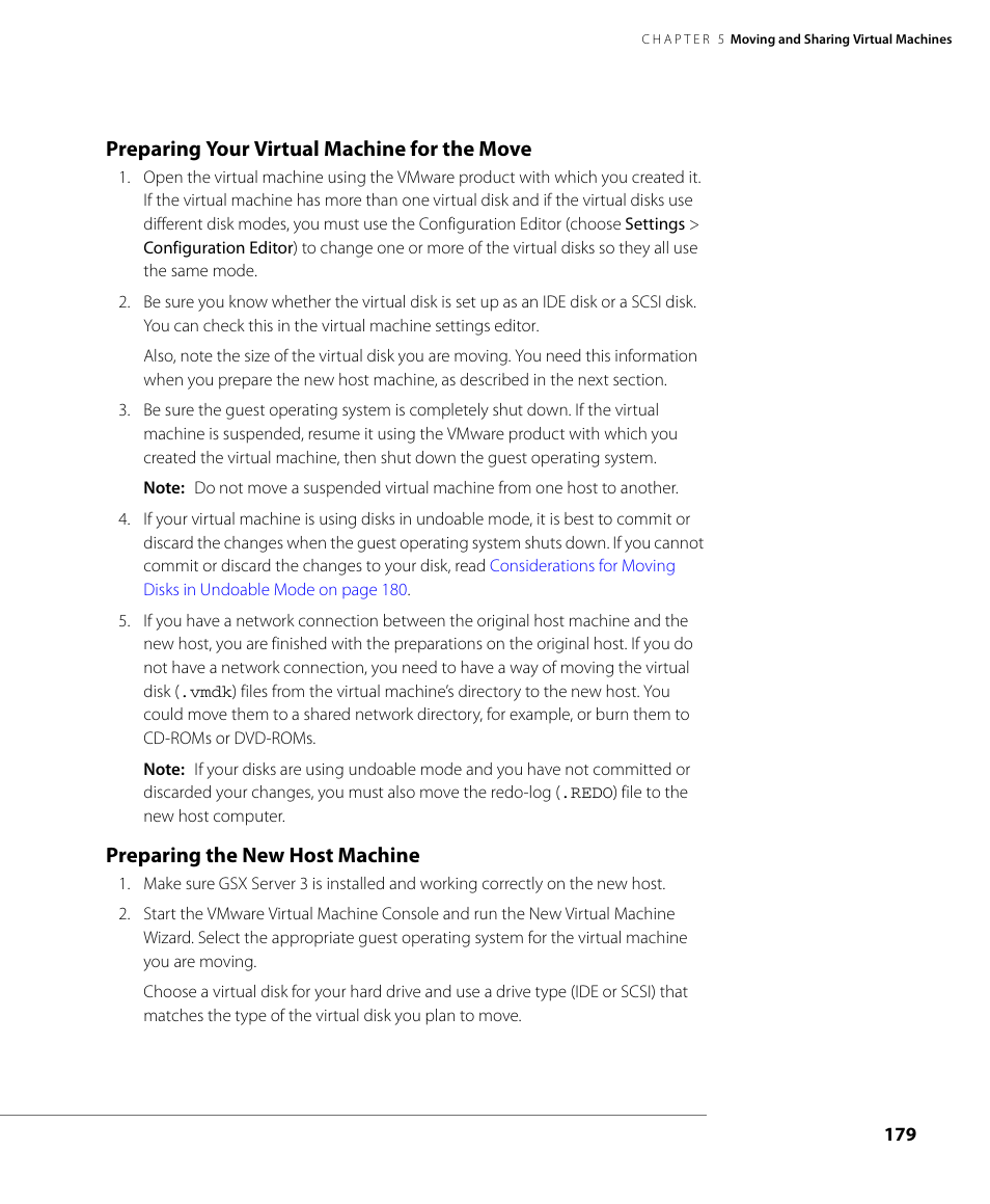 Preparing your virtual machine for the move, Preparing the new host machine | VMware GSX 3 User Manual | Page 179 / 240