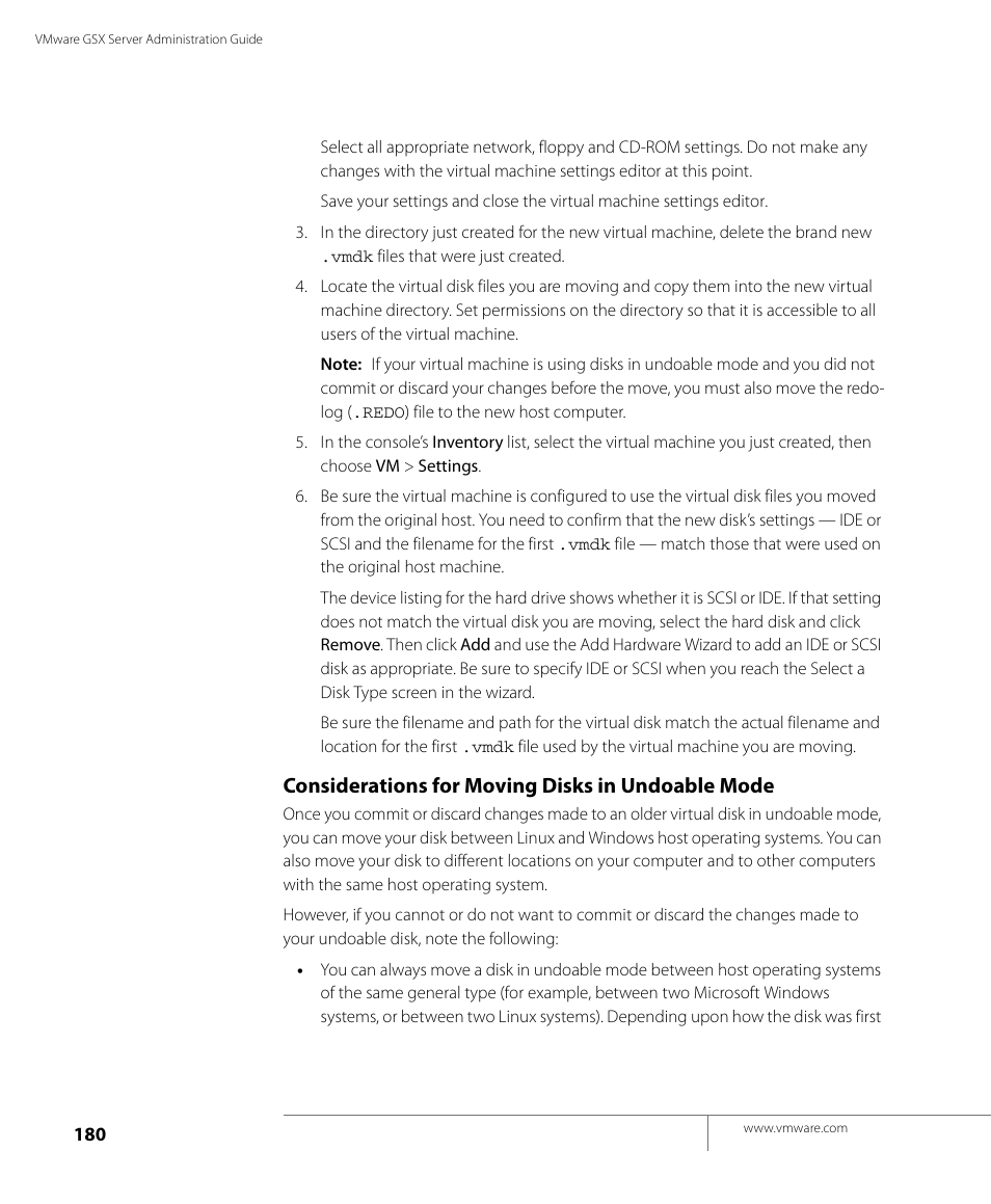 Considerations for moving disks in undoable mode, Considerations for moving | VMware GSX 3 User Manual | Page 180 / 240