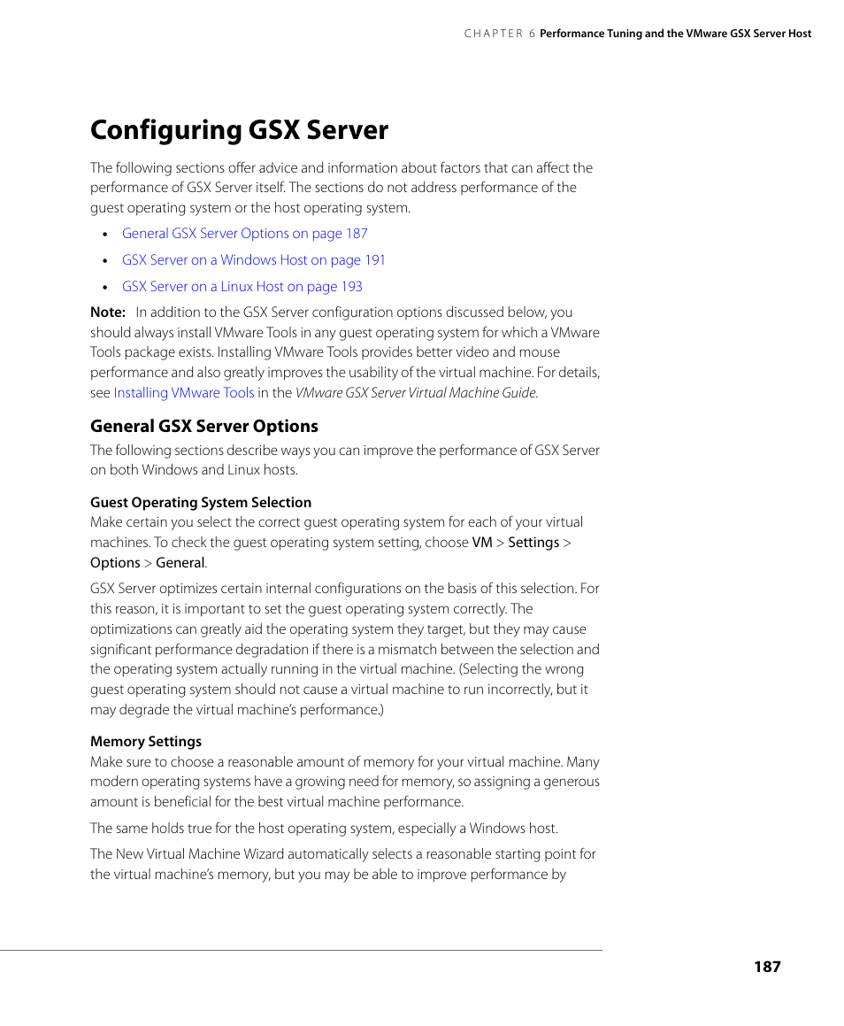 Configuring gsx server, General gsx server options | VMware GSX 3 User Manual | Page 187 / 240