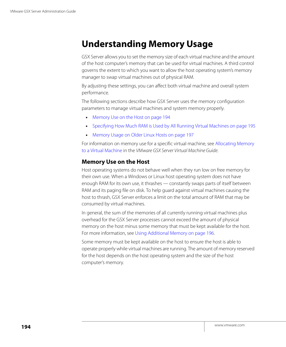Understanding memory usage, Memory use on the host, Understanding | VMware GSX 3 User Manual | Page 194 / 240
