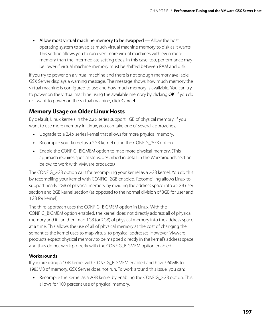 Memory usage on older linux hosts | VMware GSX 3 User Manual | Page 197 / 240