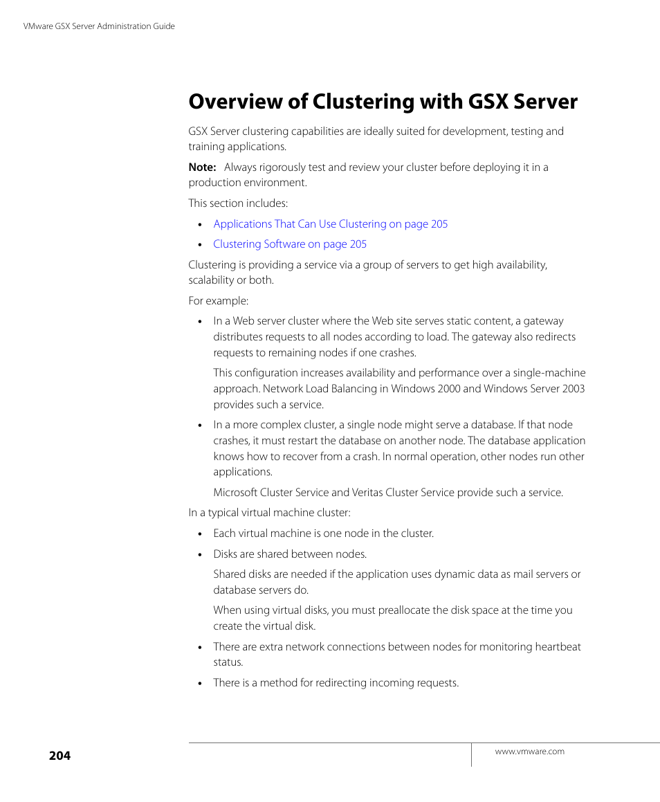 Overview of clustering with gsx server | VMware GSX 3 User Manual | Page 204 / 240