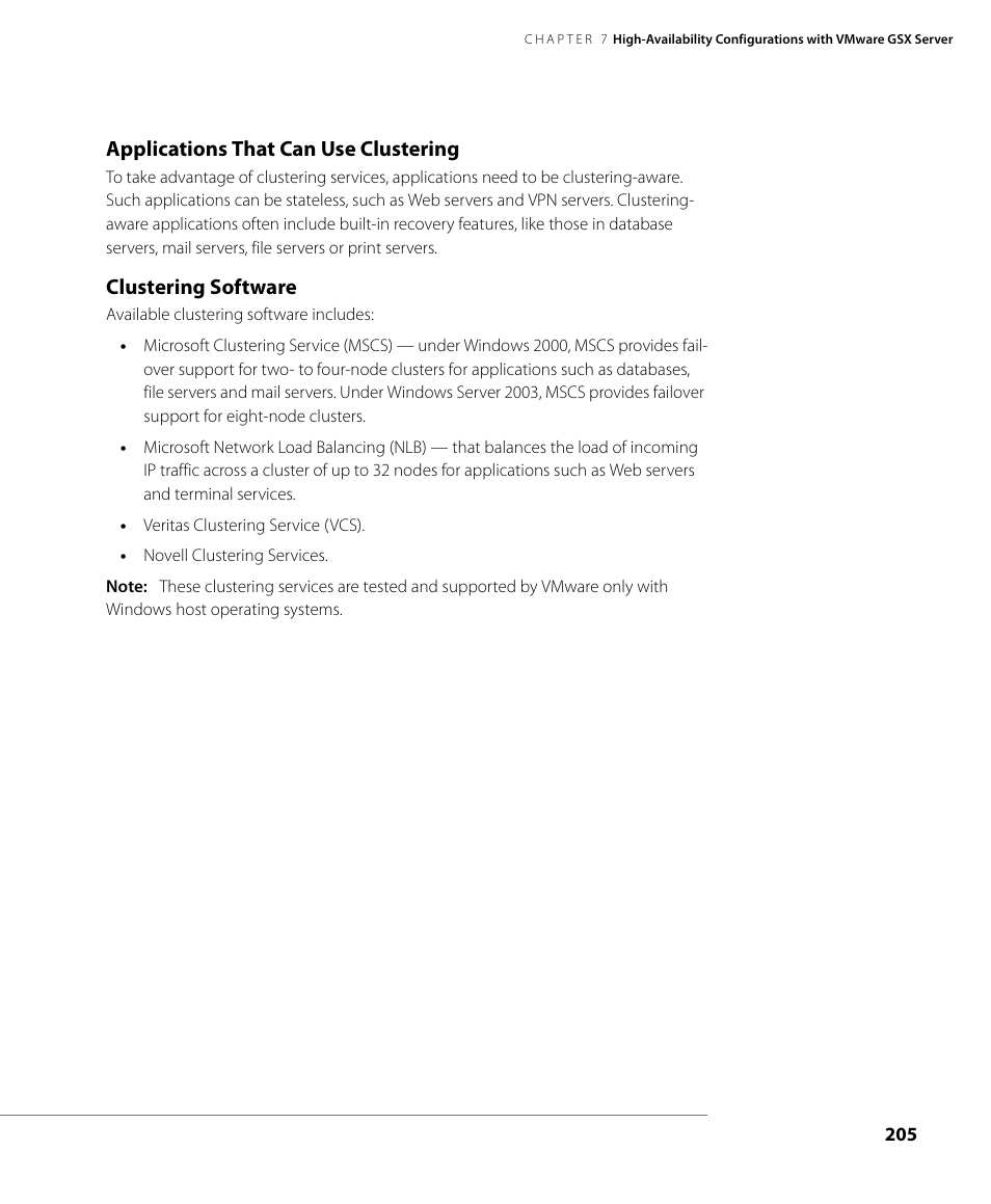 Applications that can use clustering, Clustering software | VMware GSX 3 User Manual | Page 205 / 240