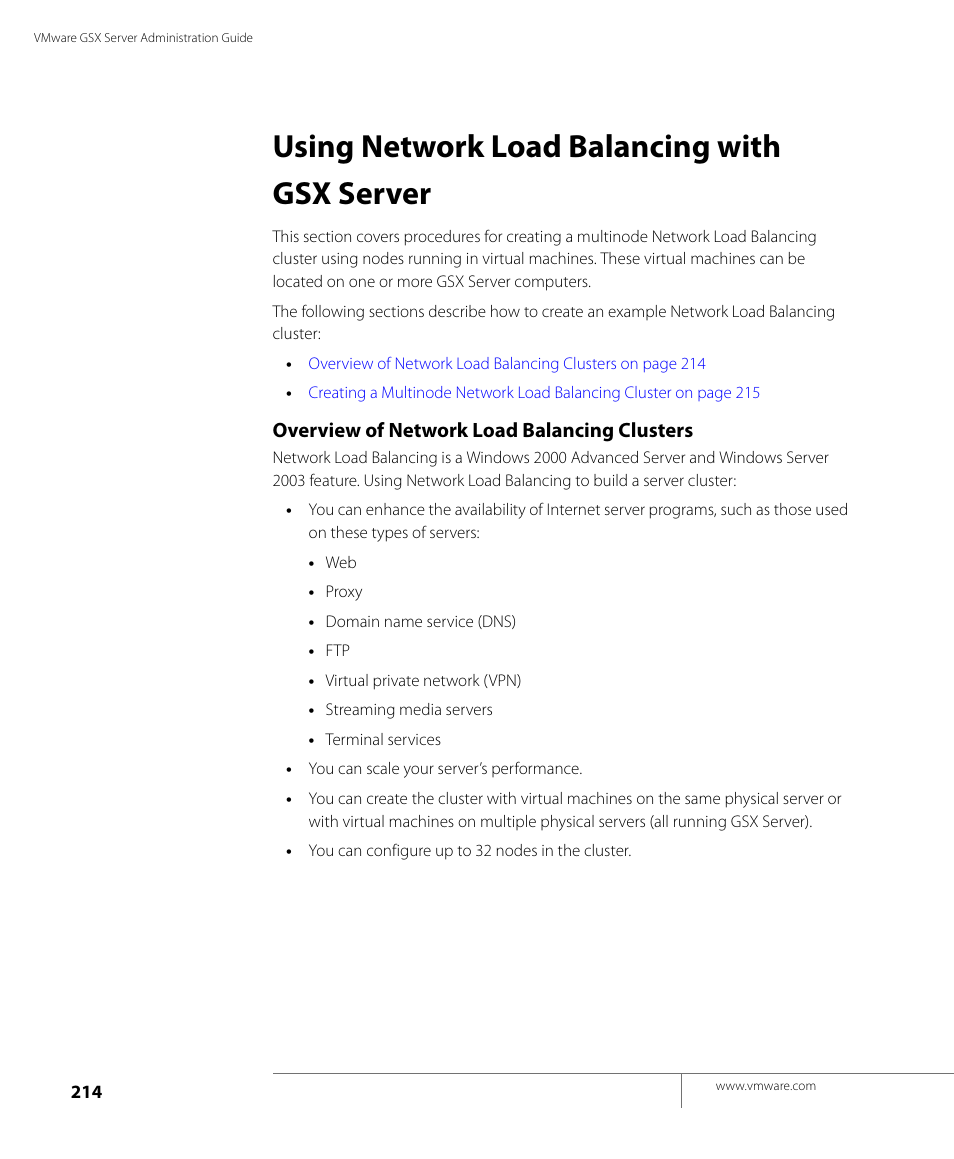 Using network load balancing with gsx server, Overview of network load balancing clusters | VMware GSX 3 User Manual | Page 214 / 240