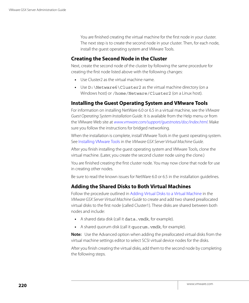 Creating the second node in the cluster, Adding the shared disks to both virtual machines | VMware GSX 3 User Manual | Page 220 / 240