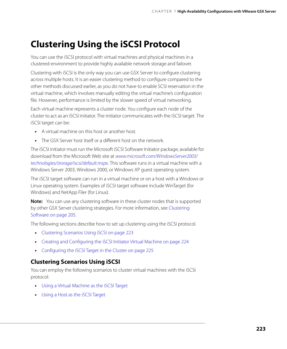 Clustering using the iscsi protocol, Clustering scenarios using iscsi | VMware GSX 3 User Manual | Page 223 / 240