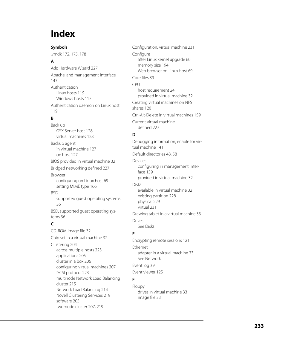 Index | VMware GSX 3 User Manual | Page 233 / 240