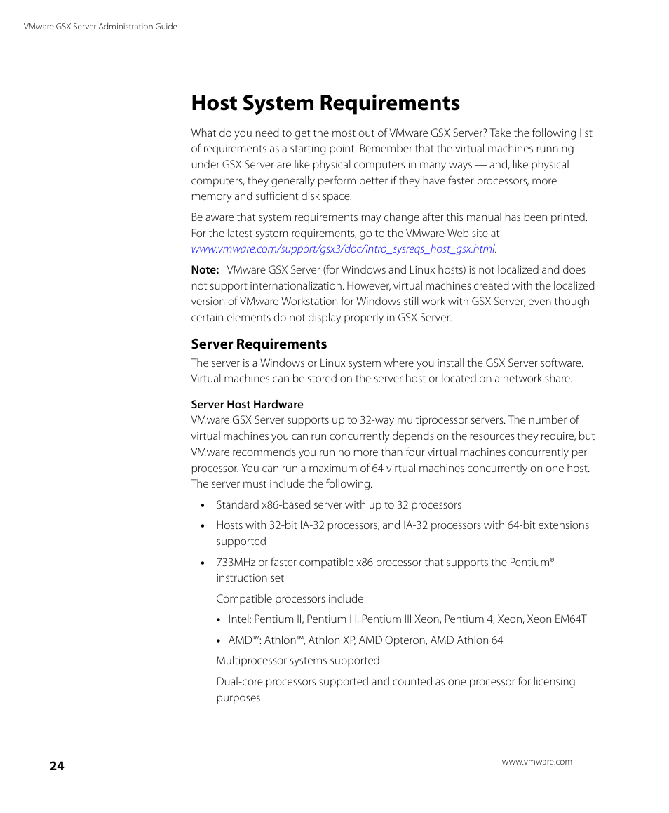 Host system requirements, Server requirements | VMware GSX 3 User Manual | Page 24 / 240