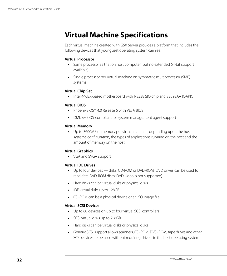 Virtual machine specifications | VMware GSX 3 User Manual | Page 32 / 240