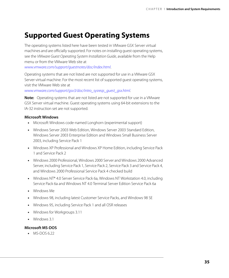 Supported guest operating systems | VMware GSX 3 User Manual | Page 35 / 240