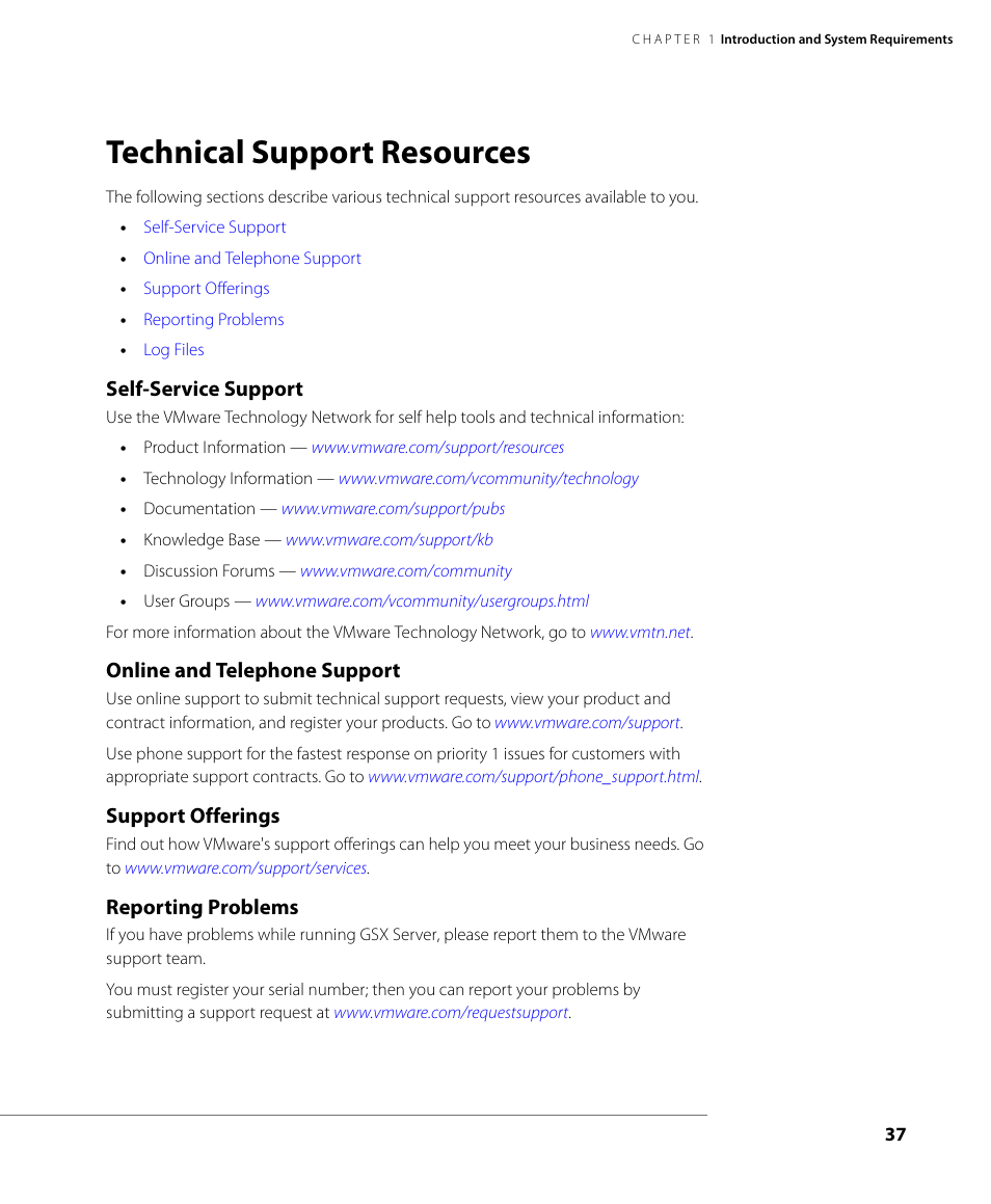 Technical support resources, Self-service support, Online and telephone support | Support offerings, Reporting problems | VMware GSX 3 User Manual | Page 37 / 240