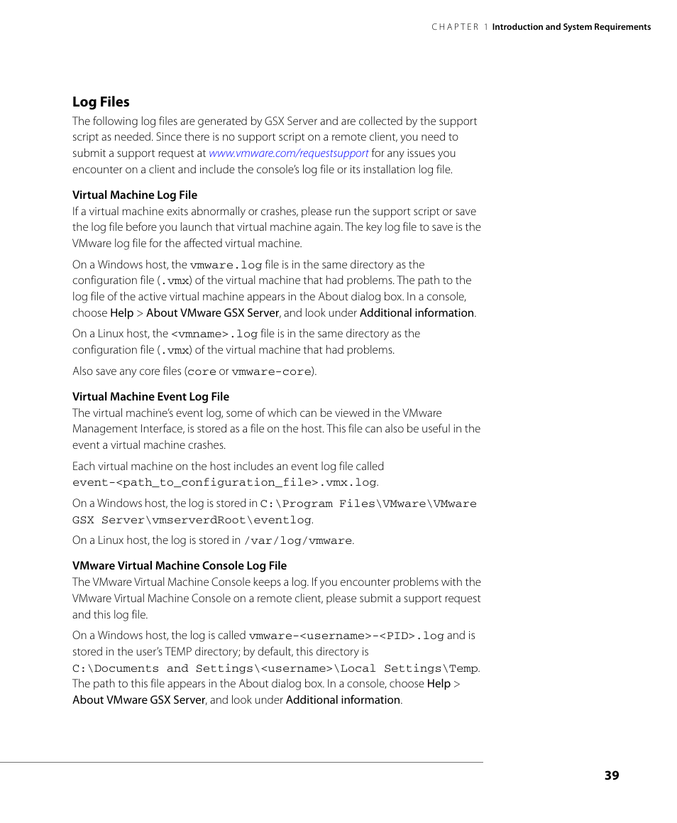 Log files | VMware GSX 3 User Manual | Page 39 / 240