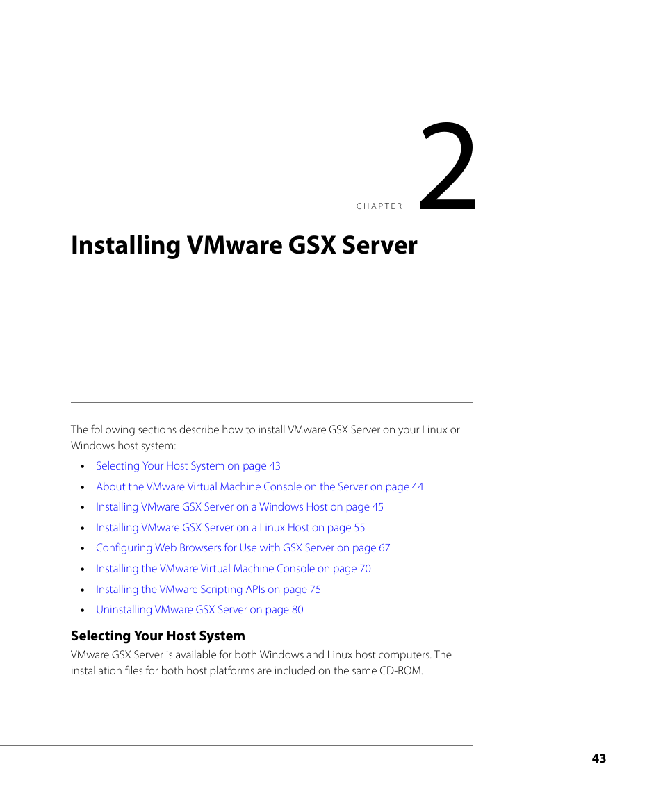 Installing vmware gsx server, Selecting your host system | VMware GSX 3 User Manual | Page 43 / 240