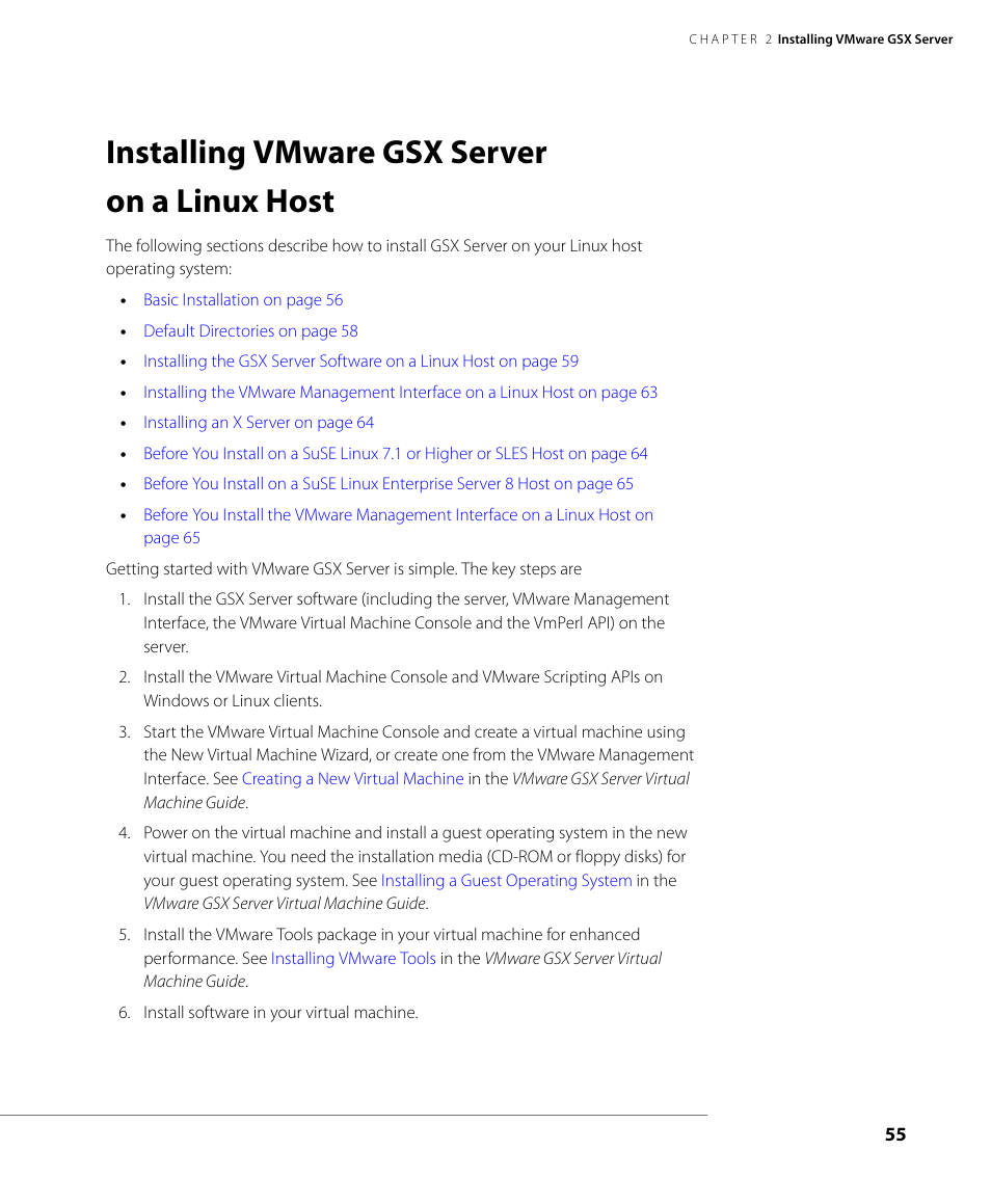 Installing vmware gsx server on a linux host, Installing | VMware GSX 3 User Manual | Page 55 / 240