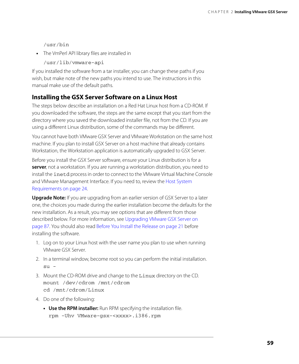 Installing the gsx server software on a linux host | VMware GSX 3 User Manual | Page 59 / 240