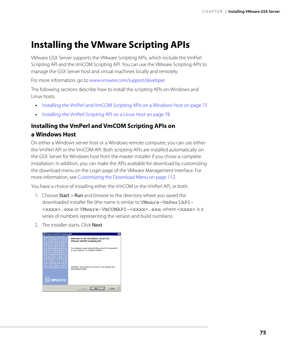 Installing the vmware scripting apis | VMware GSX 3 User Manual | Page 75 / 240