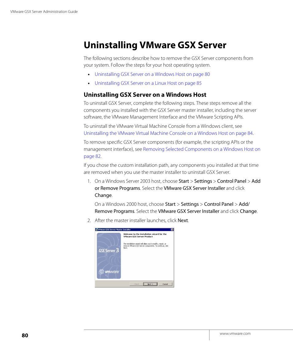 Uninstalling vmware gsx server, Uninstalling gsx server on a windows host | VMware GSX 3 User Manual | Page 80 / 240