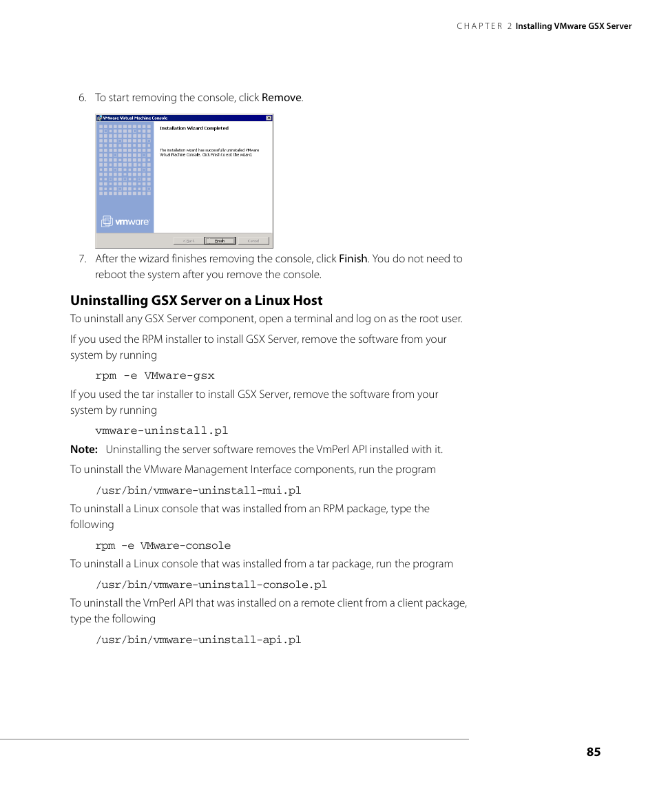 Uninstalling gsx server on a linux host | VMware GSX 3 User Manual | Page 85 / 240