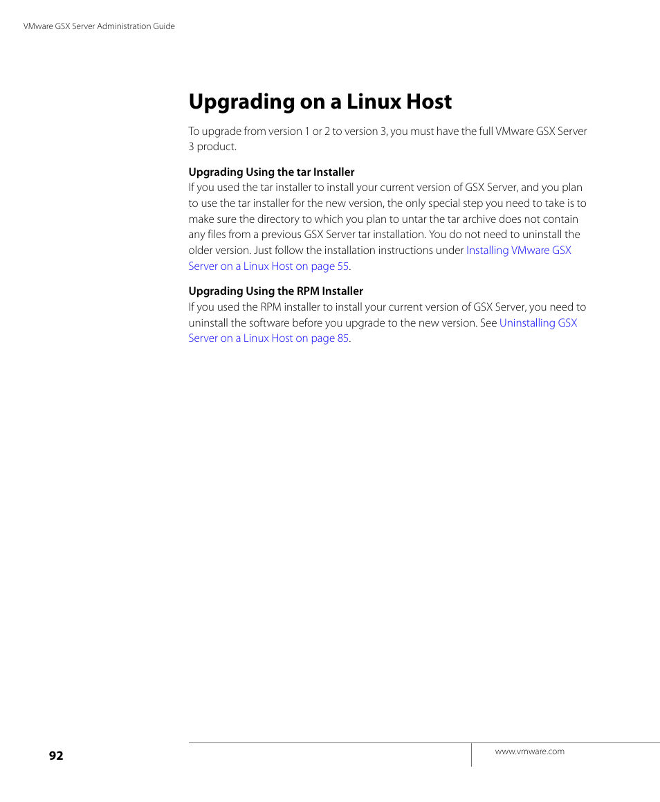 Upgrading on a linux host | VMware GSX 3 User Manual | Page 92 / 240