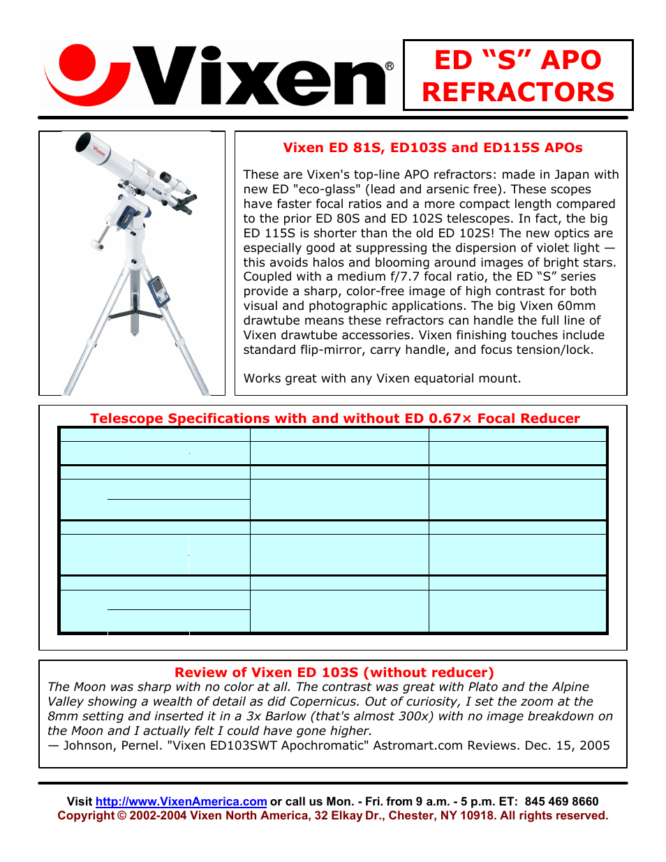 Vixen ED115S APOs User Manual | 1 page