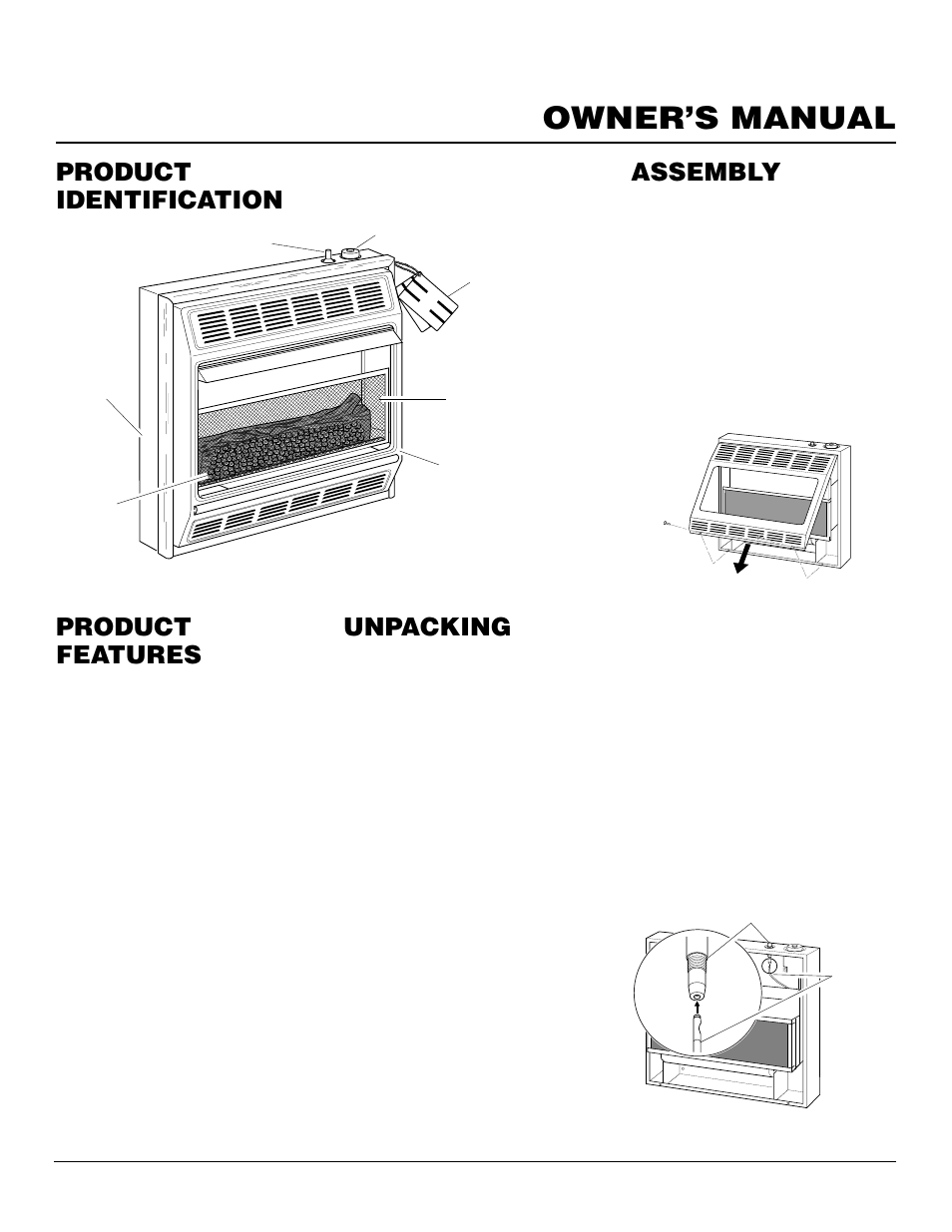 Owner’s manual, Product identification, Unpacking | Assembly, Product features | Vanguard Heating VMH3000TP User Manual | Page 3 / 24