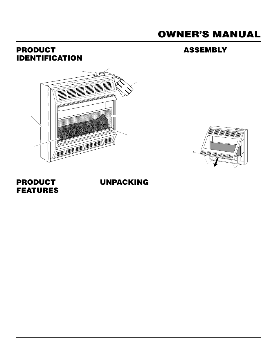Owner’s manual, Product identification, Unpacking | Assembly, Product features | Vanguard Heating VMH3000TPA User Manual | Page 3 / 24