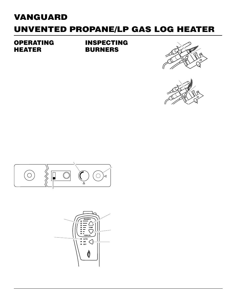 Unvented propane/lp gas log heater vanguard, Operating heater, Inspecting burners | Continued, Pilot flame pattern, Burner primary air holes, Main burner | Vanguard Heating Flame-Max VYS30PWA User Manual | Page 16 / 26