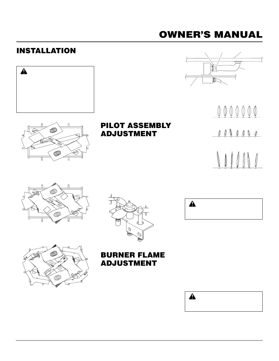 Owner’s manual, Installation, Pilot assembly adjustment | Burner flame adjustment, Continued | Vanguard Heating VDDVF36STN/STP User Manual | Page 19 / 32