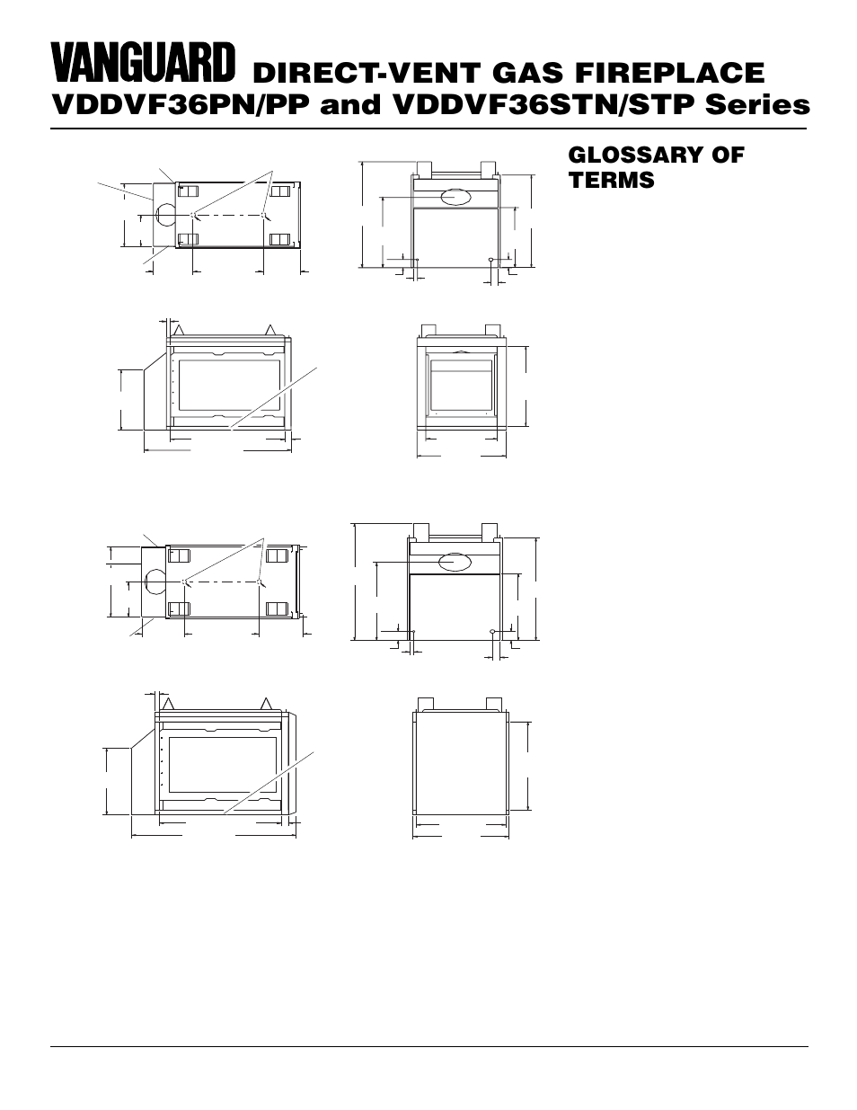 Glossary of terms, Alternate gas supply inlets, Alternate gas supply inlets rating plate location | Front view, Right side, Back view top view | Vanguard Heating VDDVF36STN/STP User Manual | Page 2 / 32
