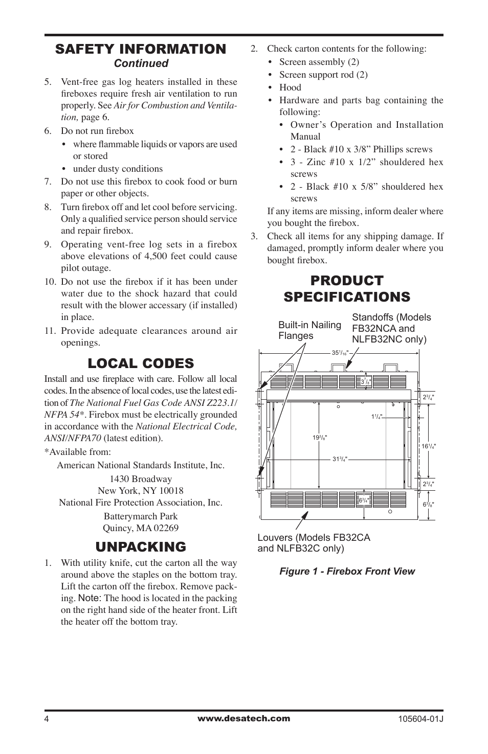 Local codes, Unpacking, Product specifications | Safety information, Continued, Figure 1 - firebox front view | Vanguard Heating FB32CA User Manual | Page 4 / 24