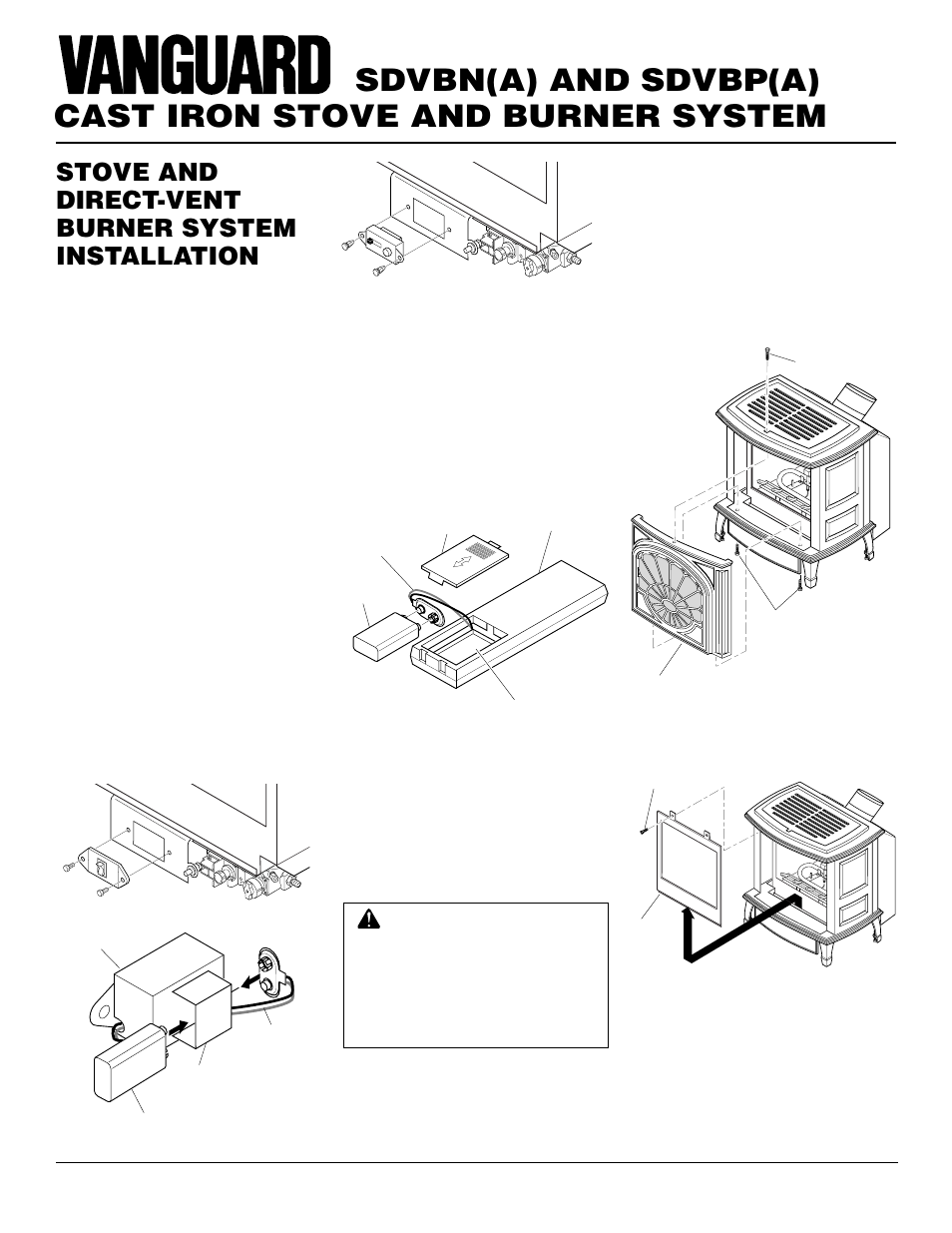 Cast iron stove and burner system, Sdvbn(a) and sdvbp(a), Stove and direct-vent burner system installation | Continued, Removing/replacing glass door, Installing remote receiver | Vanguard Heating SDVBN(A) User Manual | Page 22 / 38