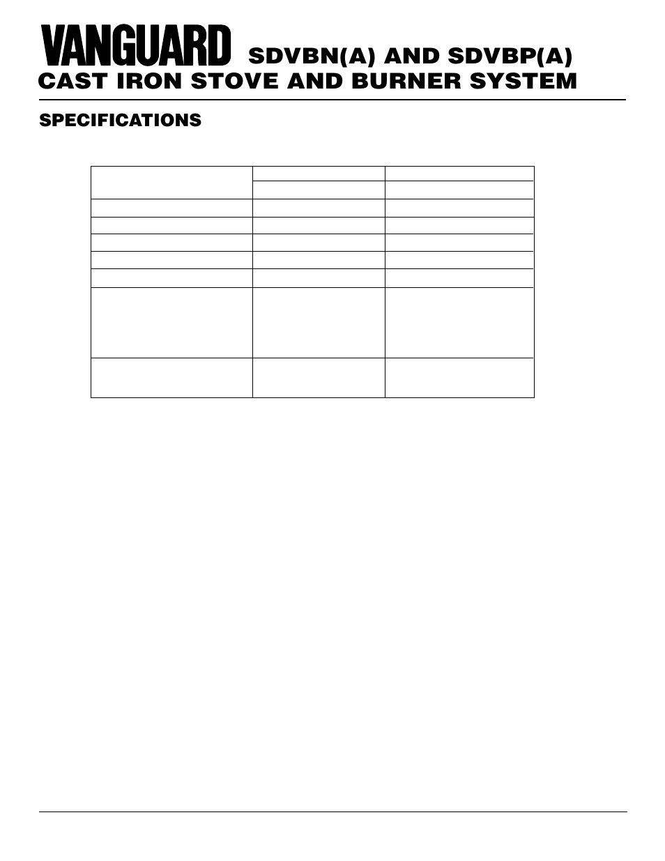 Cast iron stove and burner system, Sdvbn(a) and sdvbp(a), Specifications | Vanguard Heating SDVBN(A) User Manual | Page 32 / 38