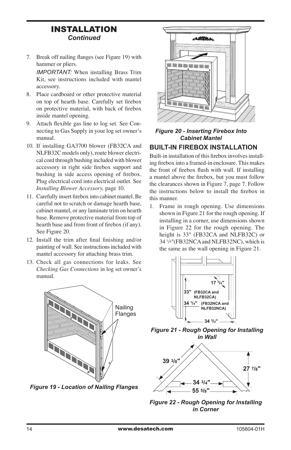 Installation, Continued, Built-in firebox installation | Vanguard Heating LogMate FB32NCA User Manual | Page 14 / 24