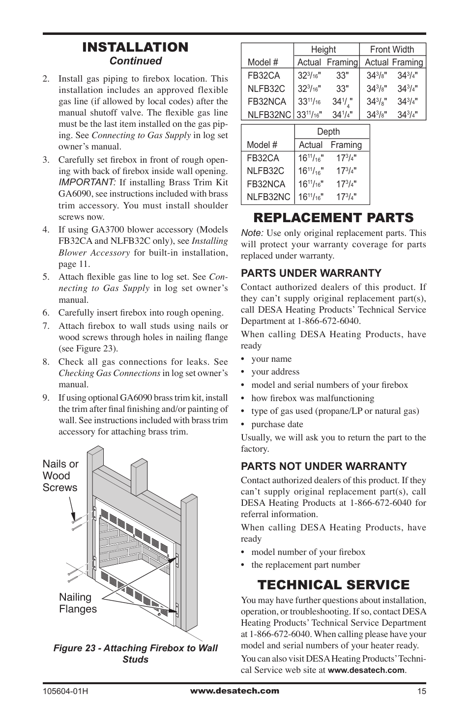 Replacement parts, Technical service, Installation | Continued nailing flanges nails or wood screws, Parts under warranty, Parts not under warranty | Vanguard Heating LogMate FB32NCA User Manual | Page 15 / 24