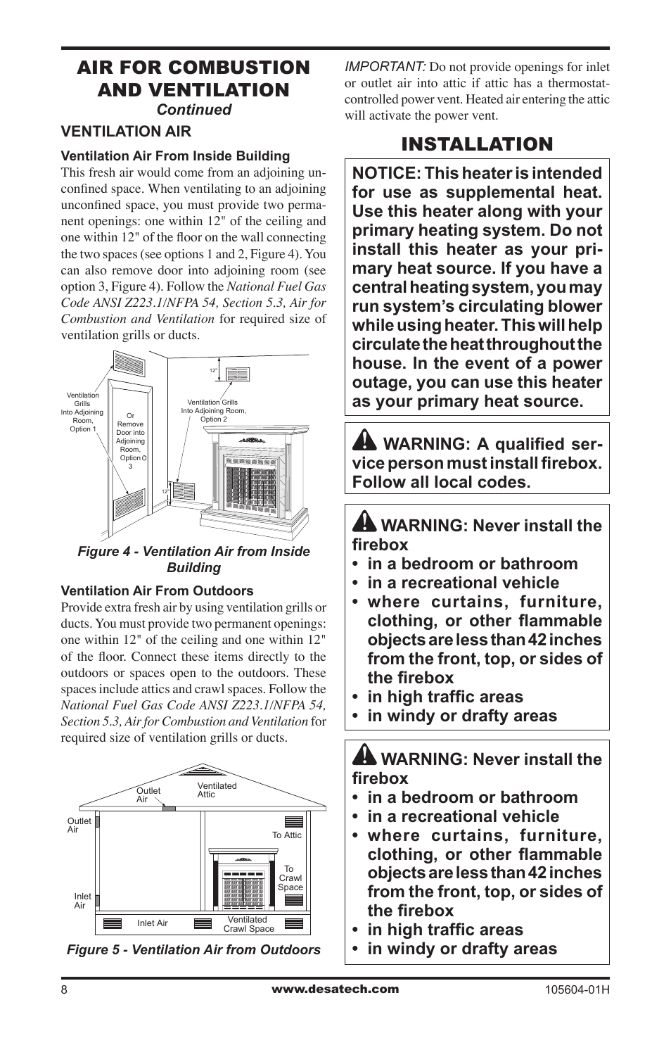 Installation, Air for combustion and ventilation | Vanguard Heating LogMate FB32NCA User Manual | Page 8 / 24