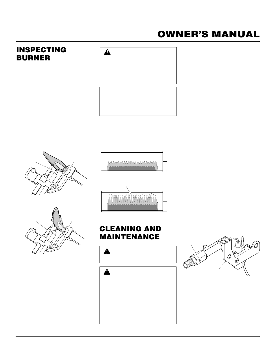 Owner’s manual, Inspecting burner, Cleaning and maintenance | Pilot flame pattern, Burner flame pattern, Ods/pilot and burner, Cleaning burner pilot air inlet hole, Cabinet | Vanguard Heating VP2000BTD User Manual | Page 13 / 20
