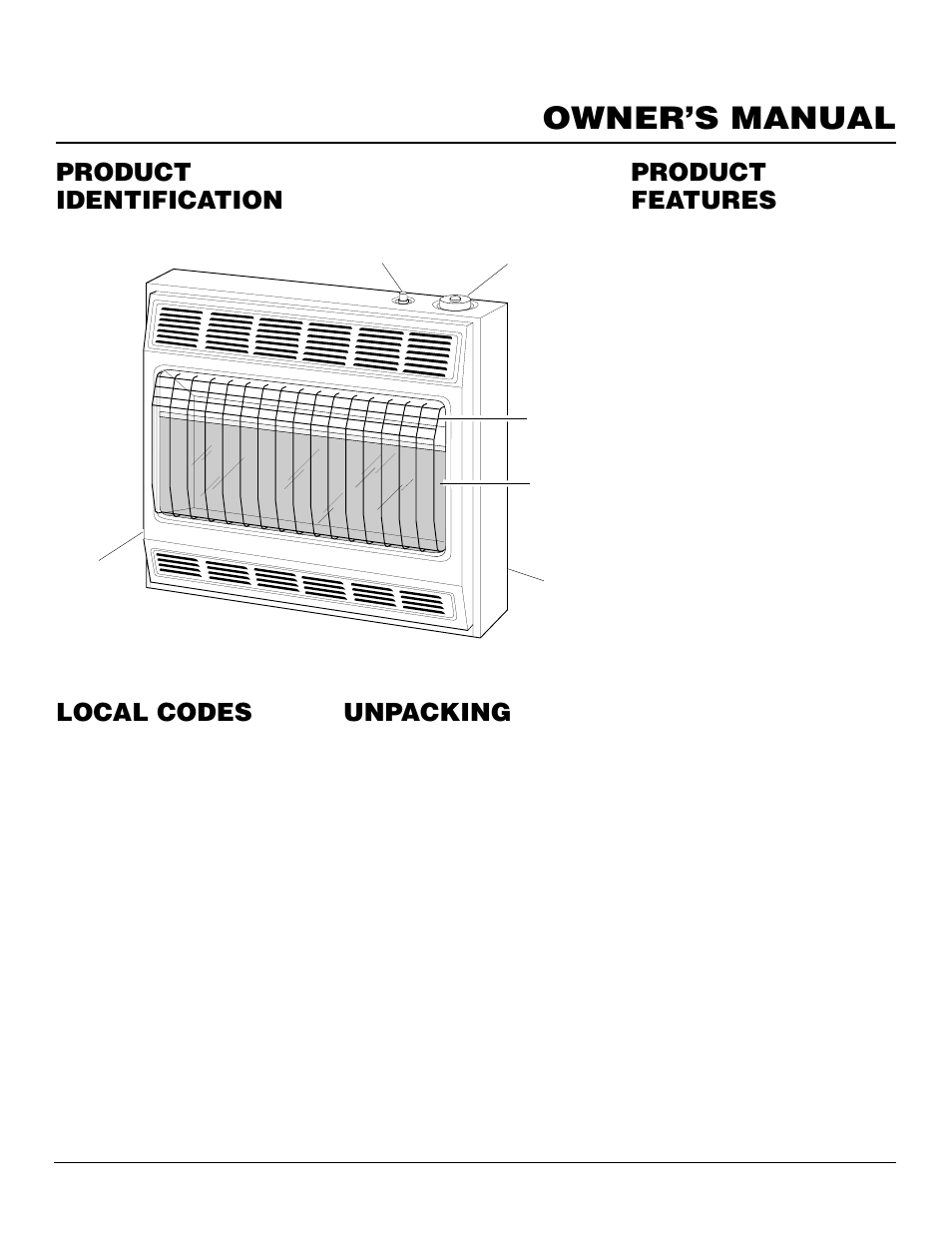 Owner’s manual, Product identification local codes, Product features | Unpacking | Vanguard Heating VP2000BTD User Manual | Page 3 / 20