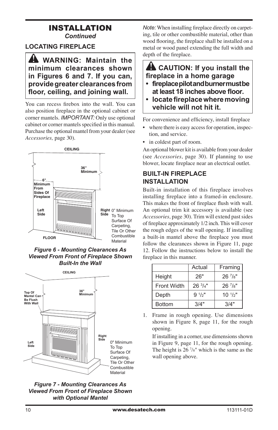 Installation, Locating fireplace, Continued | Built-in fireplace installation | Vanguard Heating VMH26TPC User Manual | Page 10 / 32