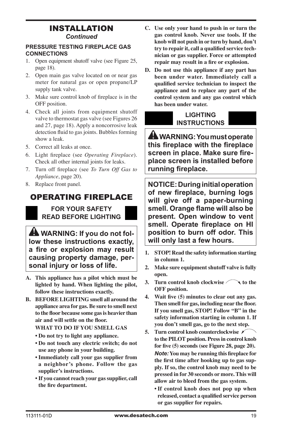 Operating fireplace, Installation | Vanguard Heating VMH26TPC User Manual | Page 19 / 32