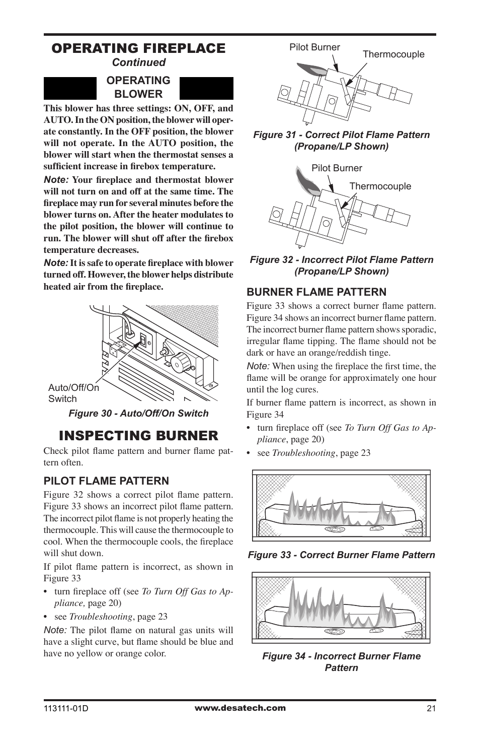 Inspecting burner, Operating fireplace | Vanguard Heating VMH26TPC User Manual | Page 21 / 32