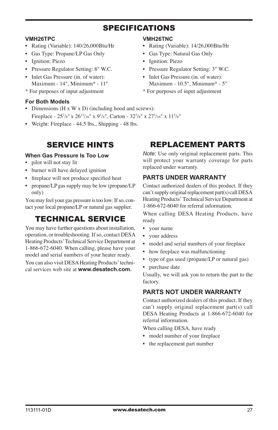 Service hints, Technical service, Specifications | Replacement parts | Vanguard Heating VMH26TPC User Manual | Page 27 / 32