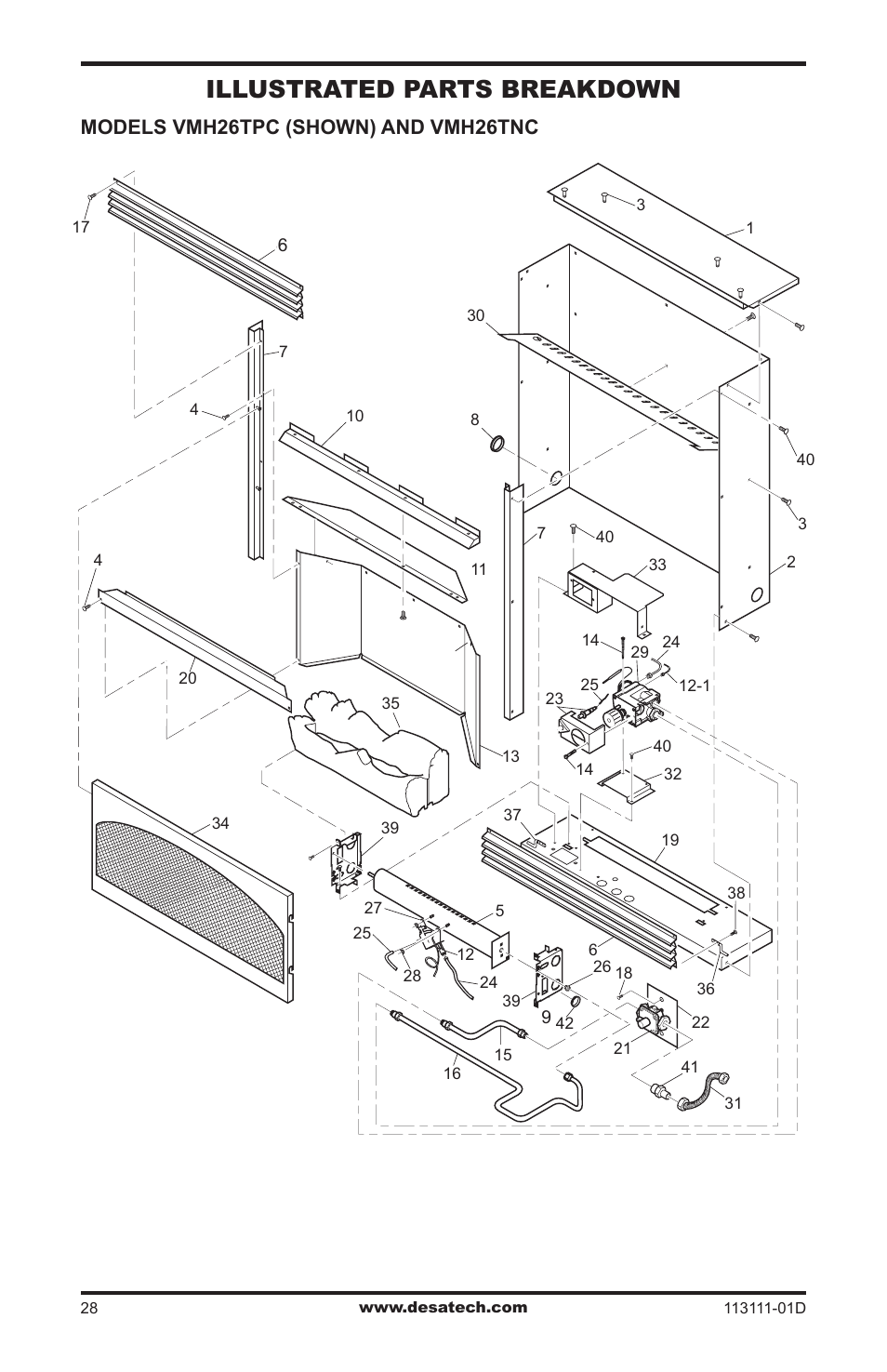 Illustrated parts breakdown and parts list, Illustrated parts breakdown, Models vmh26tpc (shown) and vmh26tnc | Vanguard Heating VMH26TPC User Manual | Page 28 / 32