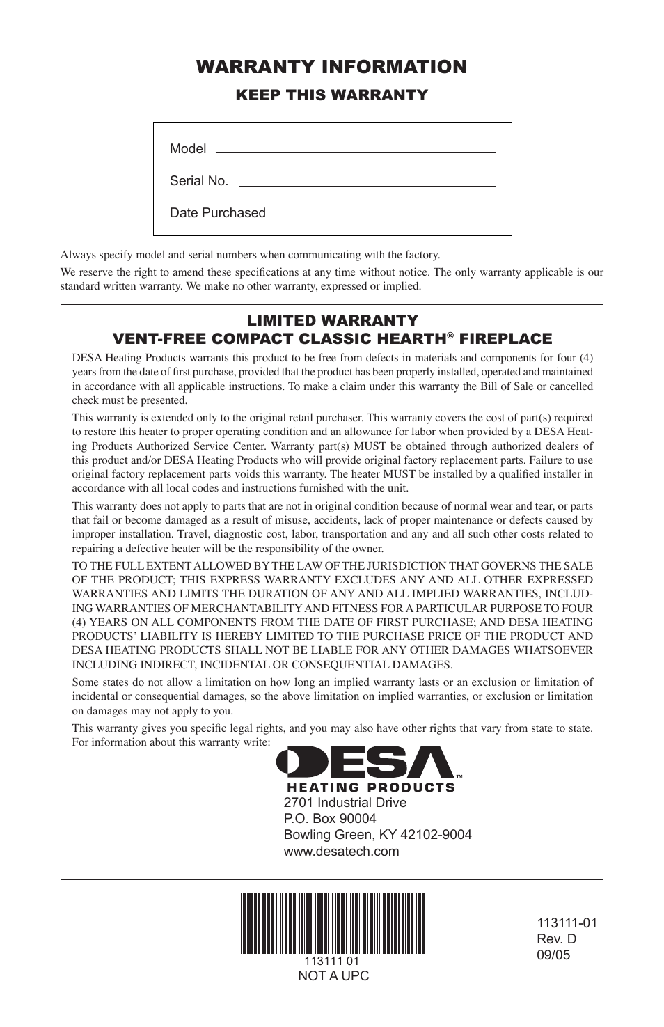 Warranty information, Limited warranty vent-free compact classic hearth, Fireplace | Keep this warranty | Vanguard Heating VMH26TPC User Manual | Page 32 / 32