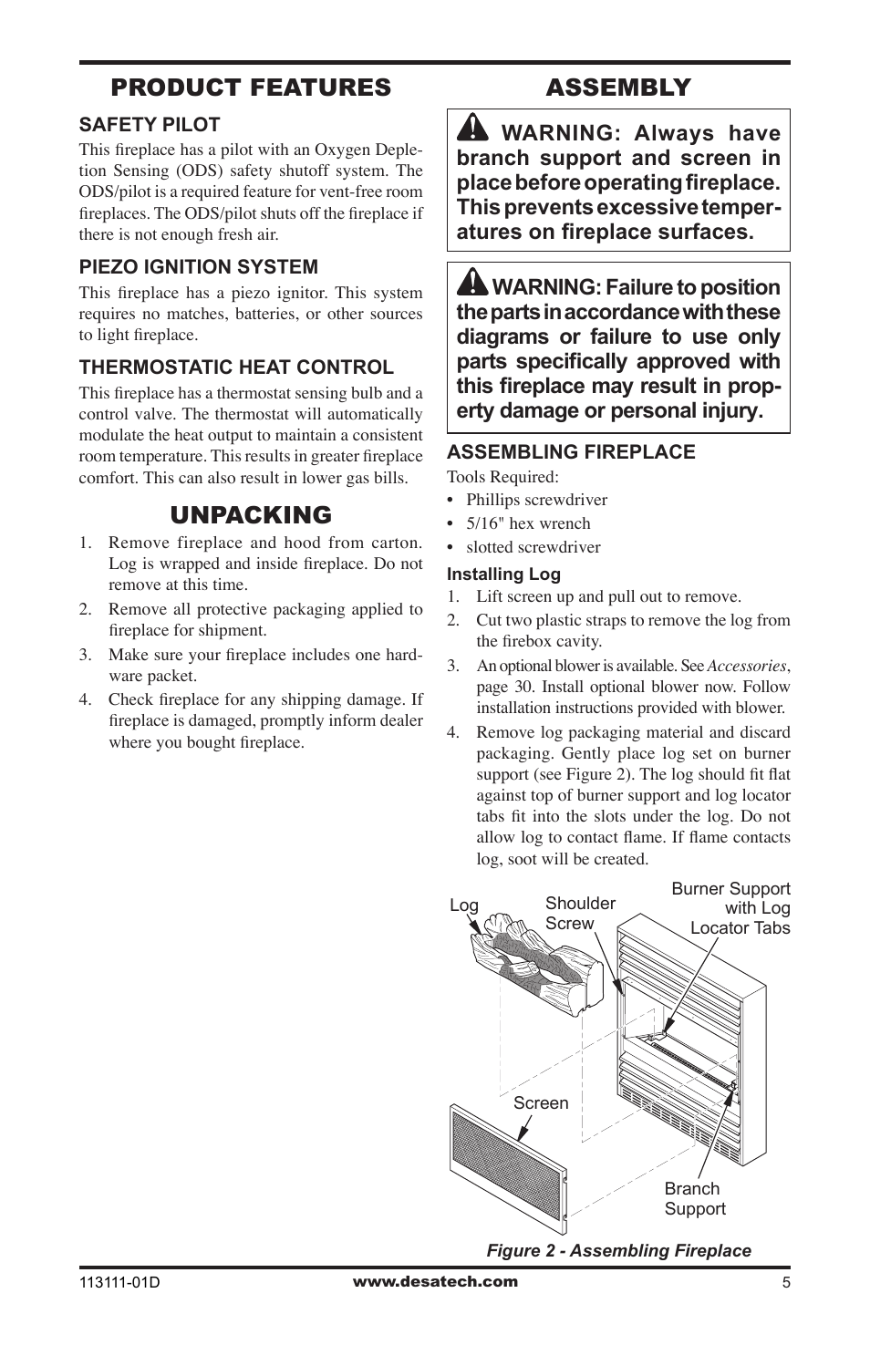 Product features, Unpacking, Assembly | Vanguard Heating VMH26TPC User Manual | Page 5 / 32