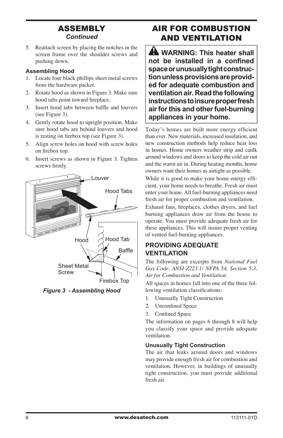 Air for combustion and ventilation, Assembly | Vanguard Heating VMH26TPC User Manual | Page 6 / 32