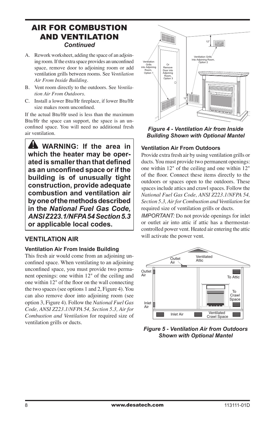 Air for combustion and ventilation, Ventilation air, Continued | Vanguard Heating VMH26TPC User Manual | Page 8 / 32